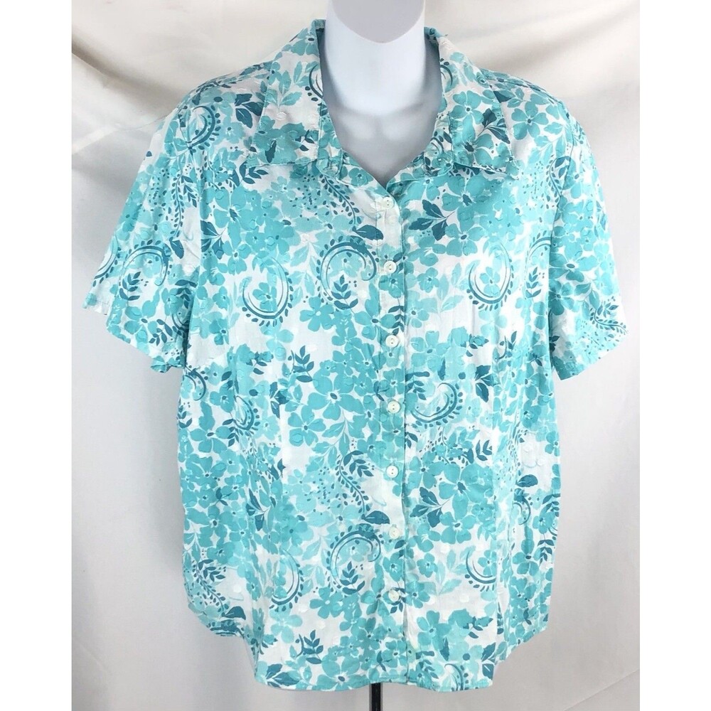 CJ Banks button up top Ix aqua blue floral tropical short sleeve collar cotton